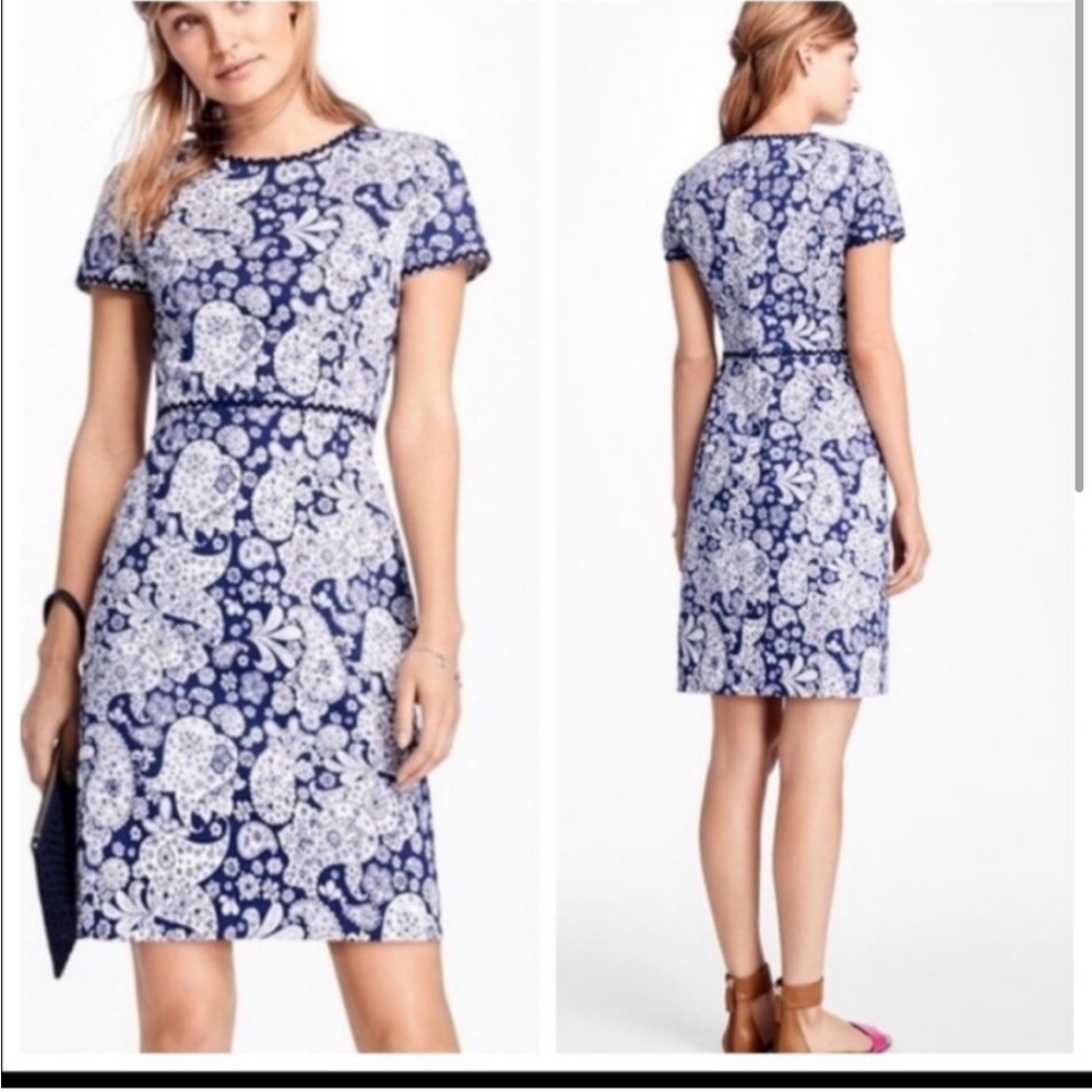 Brooks Brothers White & Blue Paisley Dress, Midi, size 8